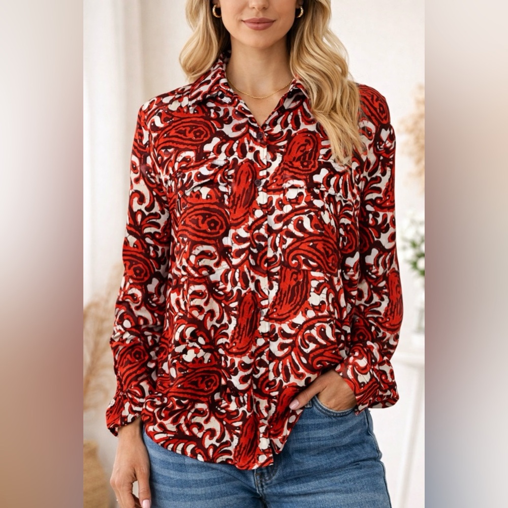 Michael Kors Paisley Blouse Red White Button Front Size P/L